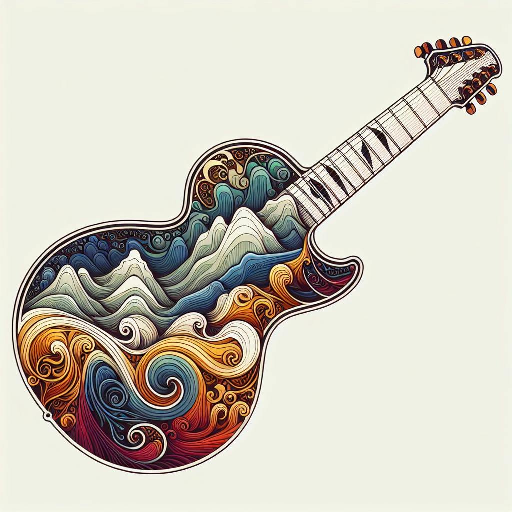 A sticker of an electric guitar with an art nouveau design